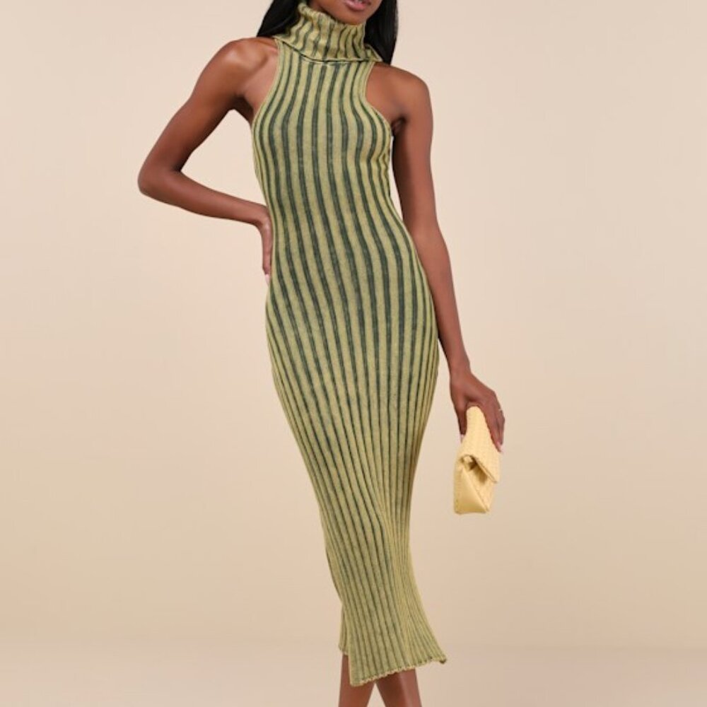 Lulus Truly Magnetic Washed Green Ribbed Turtleneck Midi Sweater Dress - Size S